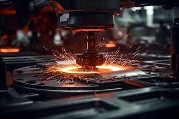 A laser cutting manufacturing machine cuts metal into patterns in operation with sparking light. Generative AI.