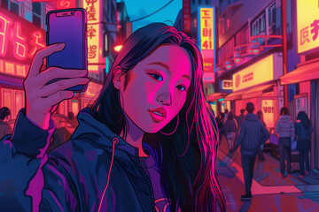 Fashionable Young Asian Woman Taking a Selfie in Neon-Lit Street
