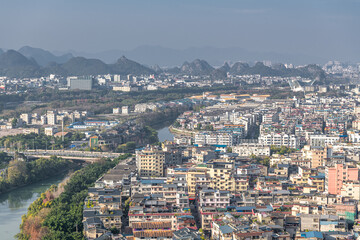 Top view of the old town and suburbs of Guilin, Guangxi, China