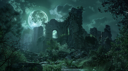 An ancient, forgotten castle ruins under a full moon, with the remnants of its glory obscured by...