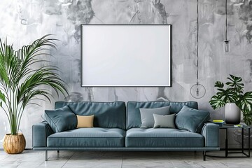 Stylish frame mockup in modern living room interior, blank wall for artwork display