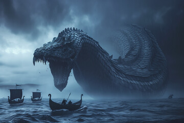 Jörmundgander, Viking World Serpent, gigantic monster attacking drakkar ships and terrorizing the gods - obrazy, fototapety, plakaty