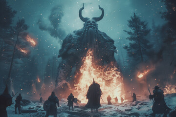Ragnarok from Norse mythology, army of Viking gods fighting against ice giants amidst flames of fire - obrazy, fototapety, plakaty