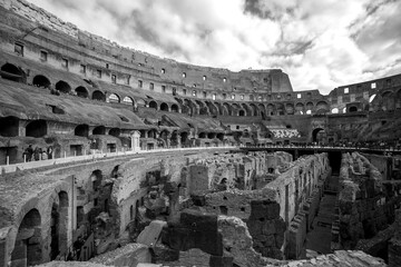 Fototapeta na wymiar Internal view of Roman Coliseum in black and white