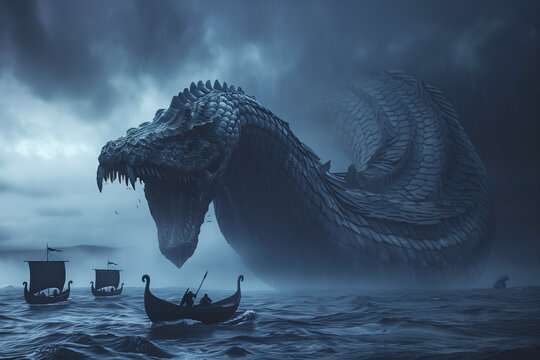 J&ouml;rmundgander, Viking World Serpent, gigantic monster attacking drakkar ships and terrorizing the gods