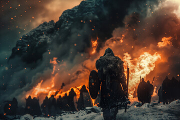 Ragnarok of Norse mythology, end of the Viking world, army of warriors and winter fire - obrazy, fototapety, plakaty