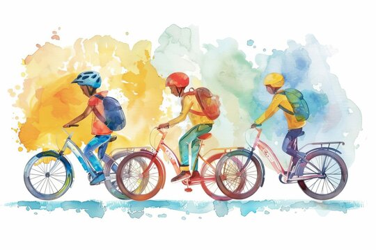 Vibrant Watercolor Illustration of Happy Schoolchildren Riding Bicycles, Perfect for Joyful T-Shirt Designs
