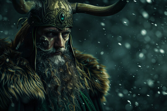 Loki, Norse god of mischief, copy space portrait of the god of lies with Viking beard and horned helmet of Nordic mythology