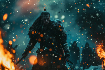Ragnarok of Norse mythology, Viking warrior under the snow and surrounded by flames - obrazy, fototapety, plakaty