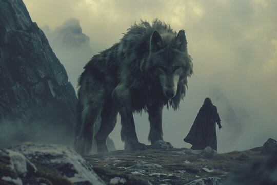 Fenrir the wolf, Tyr facing the hungry wolf of Norse mythology, Viking warrior against the gigantic animal