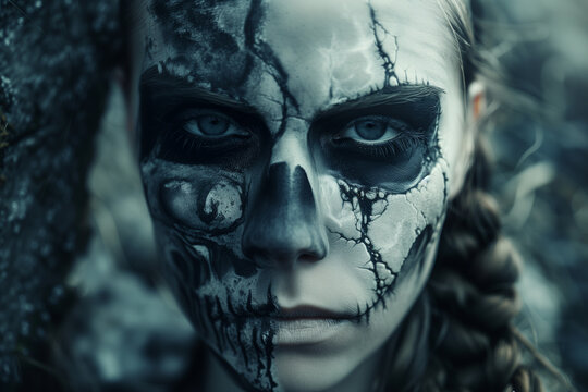 Hela, goddess of death, woman with a face half human and half skull, warrior of Viking mythology