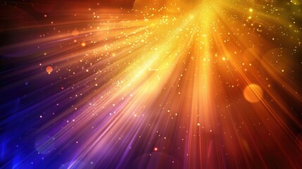 Asymmetric blue light burst, abstract beautiful rays of lights on dark orange background with the color of violet and yellow, golden green sparkling backdrop with copy space.