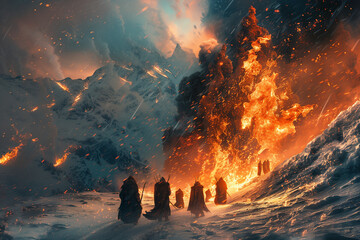 Ragnarok from Norse mythology, army of Viking warriors walking through the snowy mountains and lava with fires of the cataclysm - obrazy, fototapety, plakaty