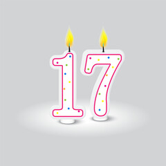 Seventeen birthday candle design. Joyful age celebration element. Colorful party decoration. Vector illustration. EPS 10.
