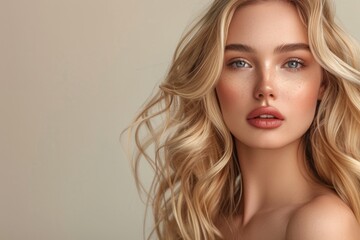Naklejka premium beautiful blonde woman with wavy medium-long hair, healthy skin looks at the camera and natural makeup