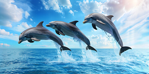 Dolphin Jumping at Sunset in the Ocean Group of dolphins leaping out of crystal-clear turquoise waters.
