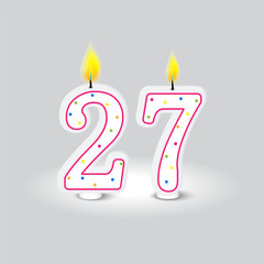 Birthday candle number twenty seven. Joyful age celebration element. Festive party design. Vector illustration. EPS 10.