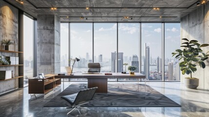 Contemporary concrete office interior with city view, daylight, furniture and equipment. 3D rendering.