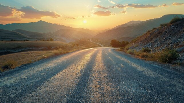 Low level view of empty old paved road in mountain area at sunset.