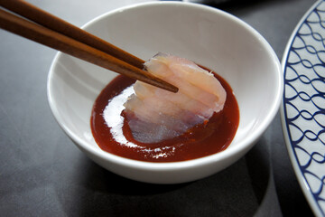 fermented skate sashimi with red chili pepper paste,korean food