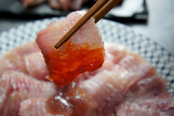 fermented skate sashimi with red chili pepper paste,korean food