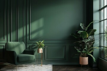 Stylish dark green home interior mockup with elegant decor, 3D render