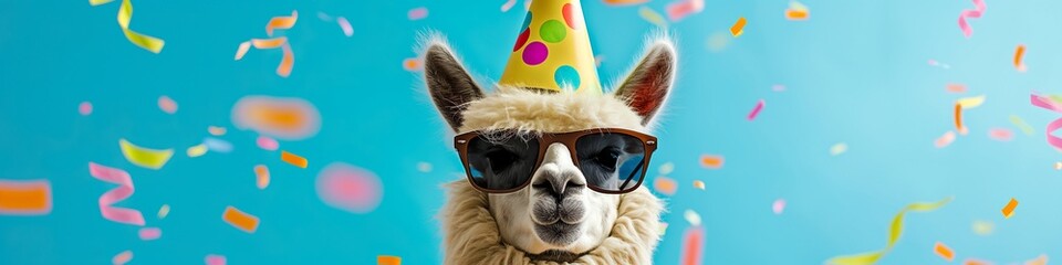 Happy Birthday, carnival, New Year's eve, sylvester or other festive celebration, funny animals card: alpaca with party hat and sunglasses on blue background with confetti  - obrazy, fototapety, plakaty