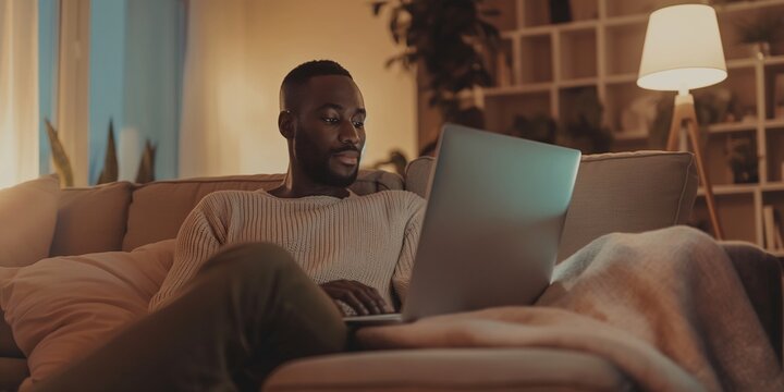 A handsome black African American man is working on a laptop computer while sitting on a sofa in a cozy living room. Freelancer working from home. Browsing Internet, Using Social Networks,