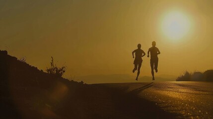 The silhouettes of male and female runners run together along the road against the background of a wide basin.