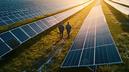 The solar farm(solar panel) with two engineers walk to check the operation of the system