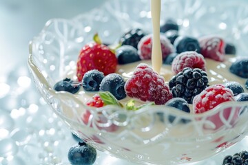 Fresh Mixed Berries with Sugar Dust in Elegant Glass Bowl