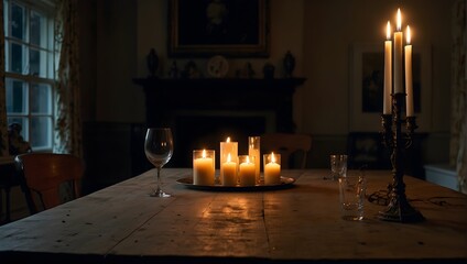 A spectral dining table illuminated by flickering candlelight at midnight, with no soul in sight Generative AI