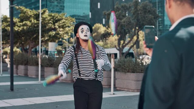 MIme, city and picture with fun, juggling and sunshine with skills and street performance with talent and creativity. Smartphone for recording, artist and body motions with busking and New York