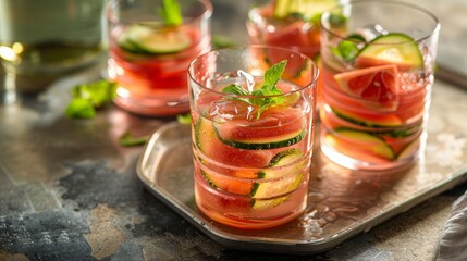 Artisanal watermelon cucumber punch, elegantly served in a transparent glass, epitome of cool refreshment