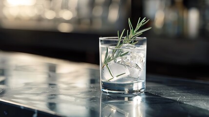 Aromatic gin and tonic in a sleek glass, ice and rosemary highlighting its crisp taste, a bar scene star - obrazy, fototapety, plakaty