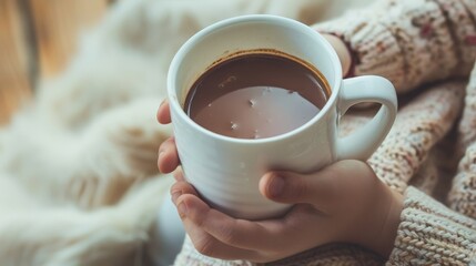 An untidy kid's serene morning, white mug filled with chocolate milk in hand, a picture of simplicity