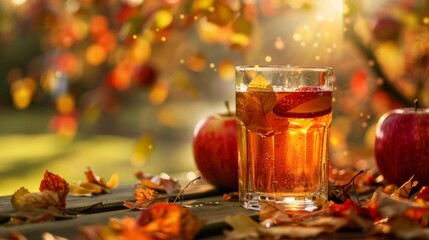 An unrefined glass of apple cider captures the raw elegance of autumn, in a celebration of harvest - obrazy, fototapety, plakaty