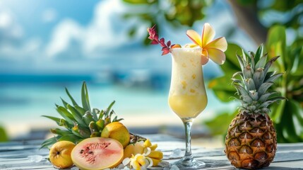 An inviting glass of pina colada, surrounded by mixed fruits and an exotic flower, embodies beach relaxation - obrazy, fototapety, plakaty