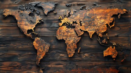 Rustic Wood Texture World Map on Dark Wooden Plank Background