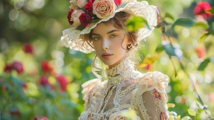 In a lush garden setting a sophisticated woman poses in a lacesleeved dress with a high neckline and intricate embroidery. Her extravagant hat adorned with a cascade of roses embodies . - obrazy, fototapety, plakaty