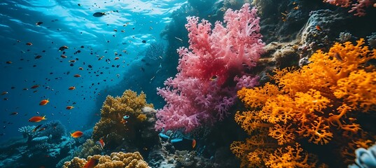 Naklejka na ściany i meble Ballet of Color: A Spectacular Cluster of Vibrant Coral Blooms amidst the Subaquatic Symphony, Painting the Depths with Nature's Exquisite Palette