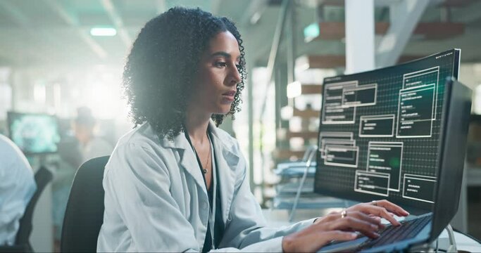 Science, laboratory and woman at computer typing, programming or checking database for online study. Medical research, healthcare and scientist at desk with website search for code in tech innovation