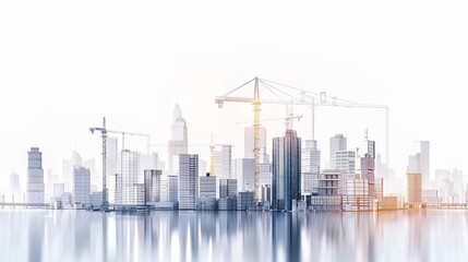 modern city with skyscrapers, construction cranes and building papers rolls on white background. Architecture concept