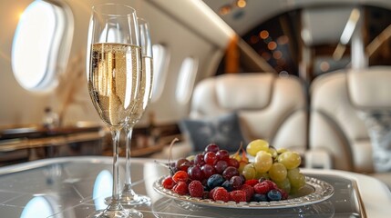 luxury champagne and fruit platter on table in private jet, white background, interior design