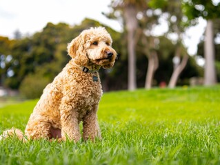 Fototapeta premium A golden doodle dog sitting on the grass in an outdoor park