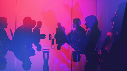A group of people in the office talking and drinking coffee with a colorful neon light background...