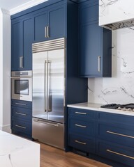Fototapeta premium Dark blue cabinets, a stainless steel refrigerator and a marble backsplash in the kitchen with white oak flooring
