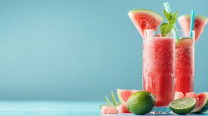 Refreshing watermelon cocktails on a summer day - A bright and refreshing image capturing watermelon cocktails adorned with lime and mint on a vibrant blue background - obrazy, fototapety, plakaty