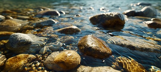 Capturing the Serenity of Nature's Palette - A Stunning Composition of Smooth Pebbles Adorning the Bed of a Pristine Mountain Stream, Their Soft Hues Illuminated Beneath the Crystal-Clear Waters