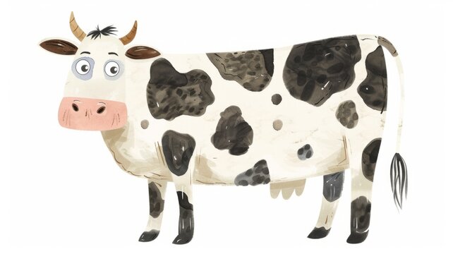 Illustration of a cartoon dairy cow smiling - A hand-drawn illustration depicts a cheerful and smiling black and white dairy cow with large expressive eyes